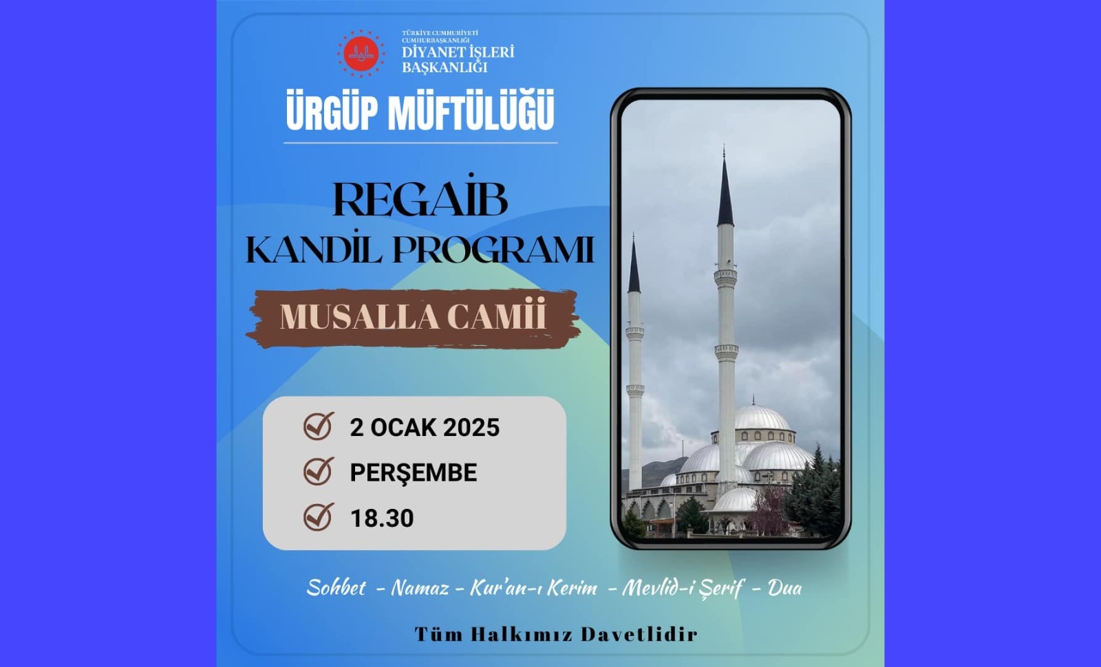 Ürgüp Müftülüğü, Regaib Kandili Programına Davet Ediyor